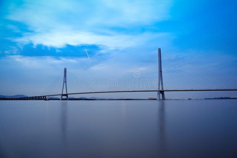 Nanjing cable stayed bridge in nightfall stock images