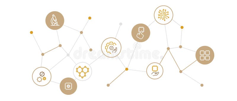 Nano chip technology icons show microchips microscope gears and molecular structures connected by a data network nanotechnology stock illustration