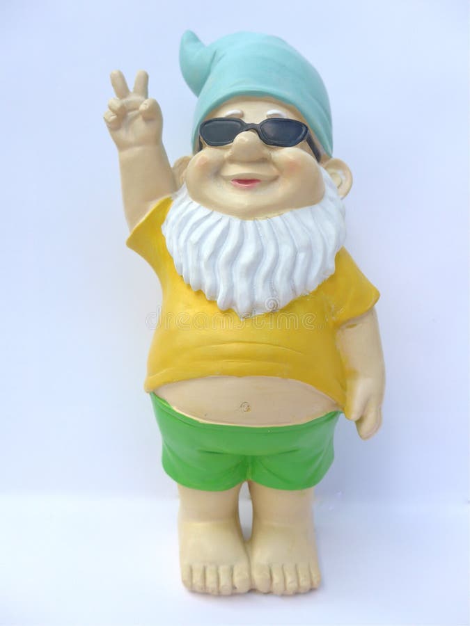 Funny dwarf with sunglasses in front of a white background makes peace sign. Funny dwarf with sunglasses in front of a white background makes peace sign