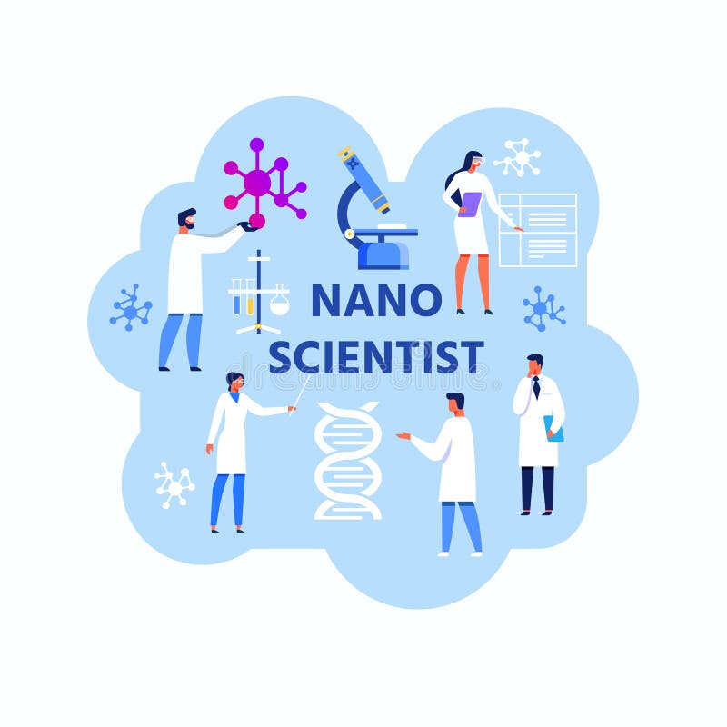 Nano Scientist Abstract Advertising Flat Banner. Vector Male and Female Doctors and Experts in White Medical Gowns. Cartoon Illustration with Chemist Equipment vector illustration Nano Scientist Abstract Advertising Flat Banner. Vector Male and Female Doctors and Experts in White Medical Gowns. Cartoon Illustration with Chemist Equipment vector illustration