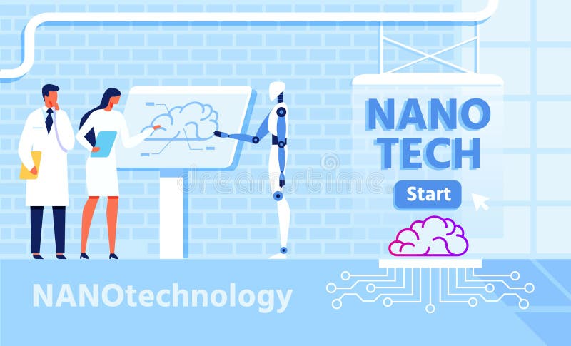 Nano Technology for Improvement Brain Functions. With Micro Chip. Vector Co-working People with Artificial Intelligence. Robot and Scientists Discussing Atomic vector illustration Nano Technology for Improvement Brain Functions. With Micro Chip. Vector Co-working People with Artificial Intelligence. Robot and Scientists Discussing Atomic vector illustration