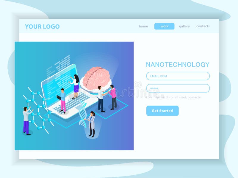 Nano Technology Isometric Landing Page. Nano technology development web landing page with user account and buttons menu isometric vector illustration stock illustration Nano Technology Isometric Landing Page. Nano technology development web landing page with user account and buttons menu isometric vector illustration stock illustration