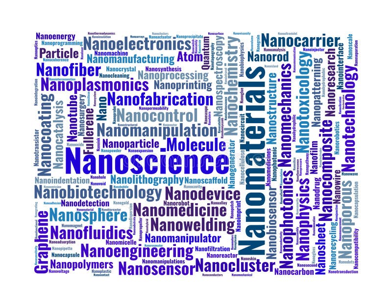 Nanomaterials Nanoscience Word Cloud. Essential keywords for researchers, engineers, and students exploring nanotechnology stock illustration
