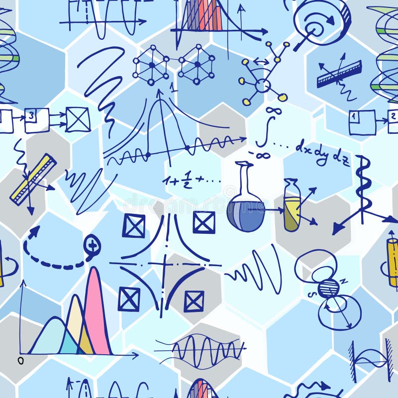 Nanoscience and physics seamless pattern with sketch elements. stock illustration