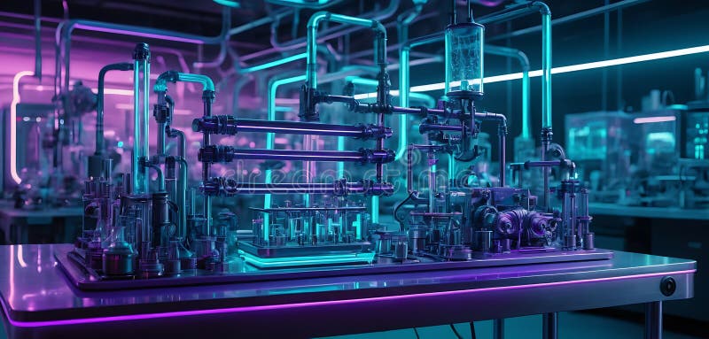 Nanotech Laborgerät mit zartem neonviolettem Glühen. Nano-Gerät strahlt violett auf reflektierendem lab tisch mit futuristischen bokelight