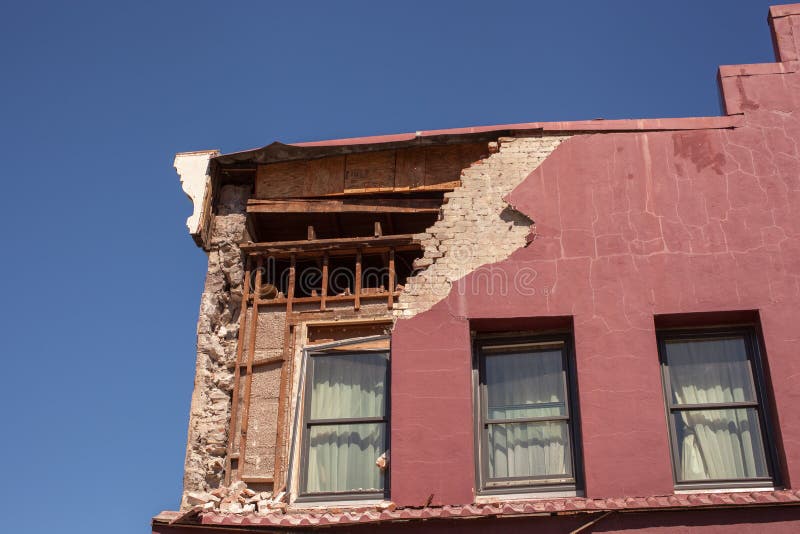 The side of this old building has collapsed to the street below after the 6.1 Napa earthquake causing this building to be red tagged. The side of this old building has collapsed to the street below after the 6.1 Napa earthquake causing this building to be red tagged.