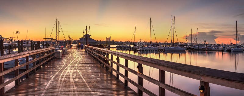 Sunrise over Naples City Dock in Naples, Florida.