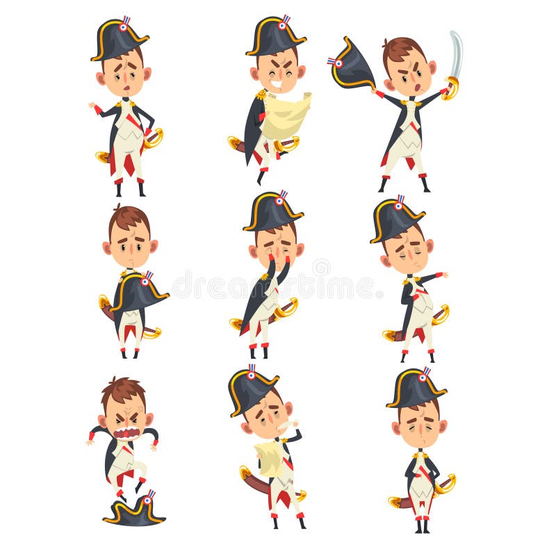Napoleon Bonaparte-beeldverhaalkarakter, Frans historisch cijfer in verschillende situaties vectorillustratie op een wit royalty-vrije illustratie Napoleon Bonaparte-beeldverhaalkarakter, Frans historisch cijfer in verschillende situaties vectorillustratie op een wit royalty-vrije illustratie