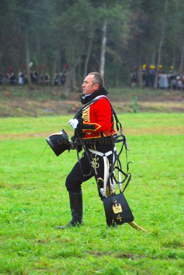 Napoleonic War Soldier - Reenactor Walks on Green Grass Editorial Stock ...