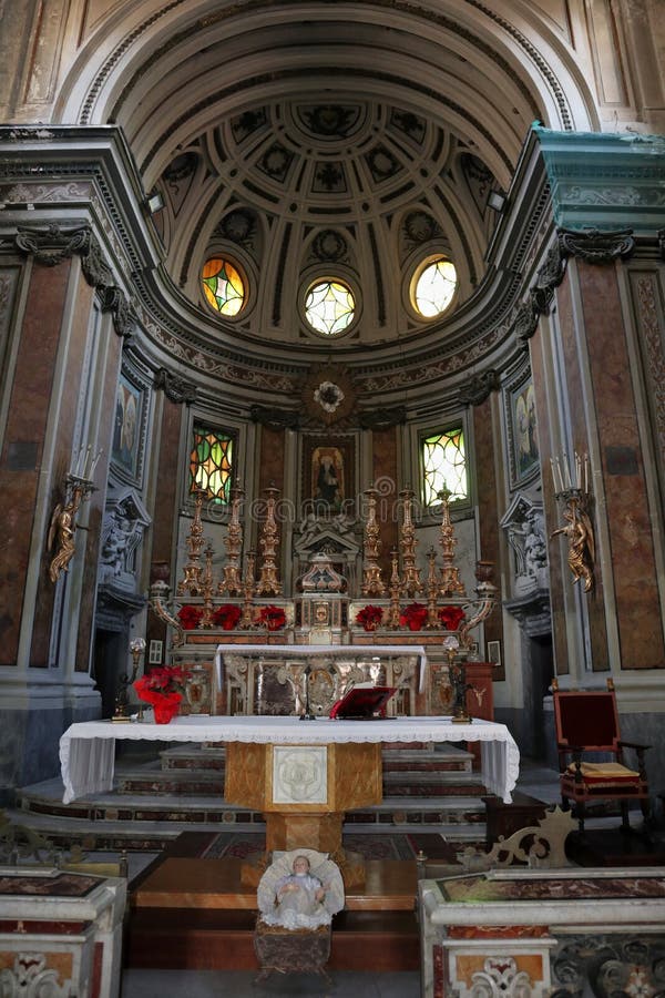 Naples, Campania, Italy - December 29, 2020: Interior of the Church of Sant`Antonio Abate. Naples, Campania, Italy - December 29, 2020: Interior of the Church of Sant`Antonio Abate