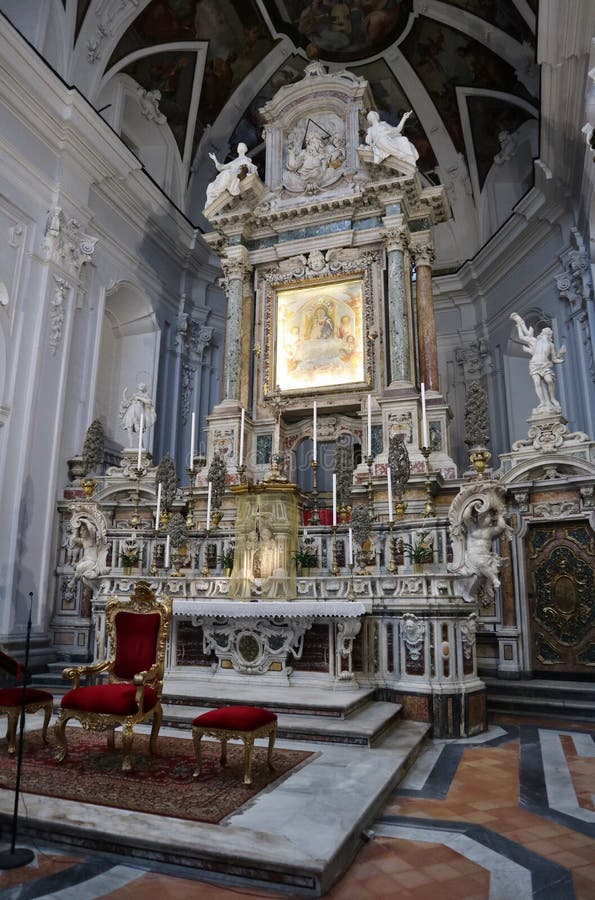Naples, Campania, Italy - March 5, 2021: Interior of the seventeenth-century church dedicated to Our Lady of Constantinople in Via Santa Maria di Costantinopoli. Naples, Campania, Italy - March 5, 2021: Interior of the seventeenth-century church dedicated to Our Lady of Constantinople in Via Santa Maria di Costantinopoli
