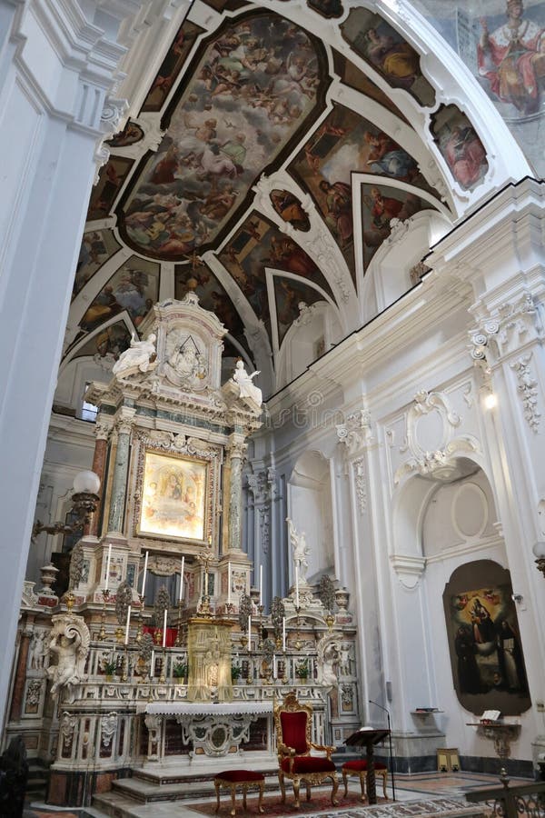 Naples, Campania, Italy - March 5, 2021: Interior of the seventeenth-century church dedicated to Our Lady of Constantinople in Via Santa Maria di Costantinopoli. Naples, Campania, Italy - March 5, 2021: Interior of the seventeenth-century church dedicated to Our Lady of Constantinople in Via Santa Maria di Costantinopoli