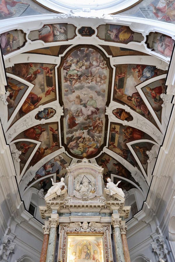 Naples, Campania, Italy - March 5, 2021: Interior of the seventeenth-century church dedicated to Our Lady of Constantinople in Via Santa Maria di Costantinopoli. Naples, Campania, Italy - March 5, 2021: Interior of the seventeenth-century church dedicated to Our Lady of Constantinople in Via Santa Maria di Costantinopoli