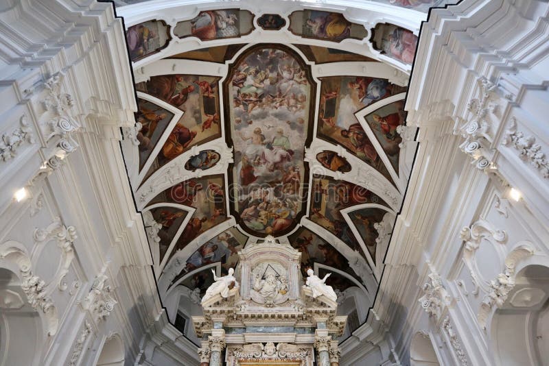 Naples, Campania, Italy - March 5, 2021: Interior of the seventeenth-century church dedicated to Our Lady of Constantinople in Via Santa Maria di Costantinopoli. Naples, Campania, Italy - March 5, 2021: Interior of the seventeenth-century church dedicated to Our Lady of Constantinople in Via Santa Maria di Costantinopoli