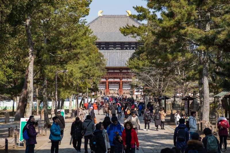 NARA, GIAPPONE - 30 GENNAIO 2018: Turisti che camminano in entrata del tempio gigante di Todaiji a Nara immagine stock NARA, GIAPPONE - 30 GENNAIO 2018: Turisti che camminano in entrata del tempio gigante di Todaiji a Nara immagine stock