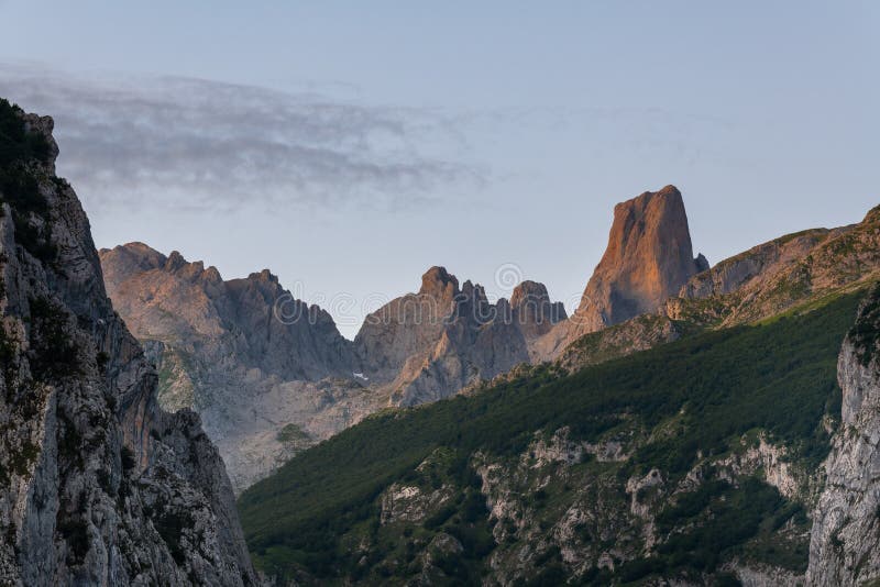 Naranjo de Bulnes, Picu Urriellu, from Camarmena village at sunrise in Picos de Europa National Park, Asturias in Spain