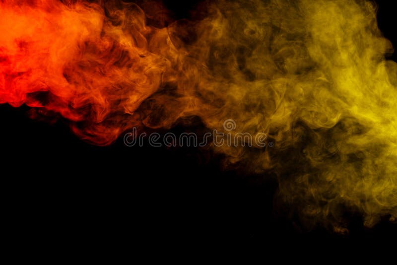 Abstract art. Colorful red and yellow smoke hookah on a black background. Background for Halloween. Texture fog. Design element. The concept of toxic substances. Abstract art. Colorful red and yellow smoke hookah on a black background. Background for Halloween. Texture fog. Design element. The concept of toxic substances.