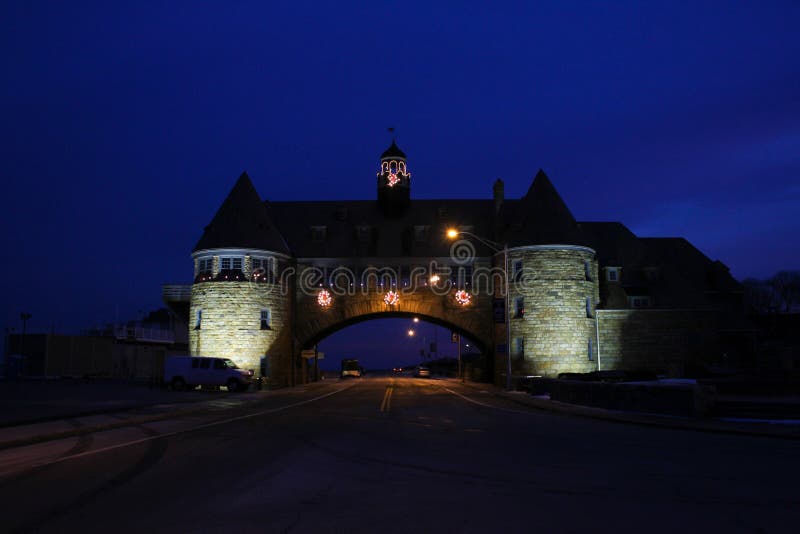 Narragansett Towers at early night.