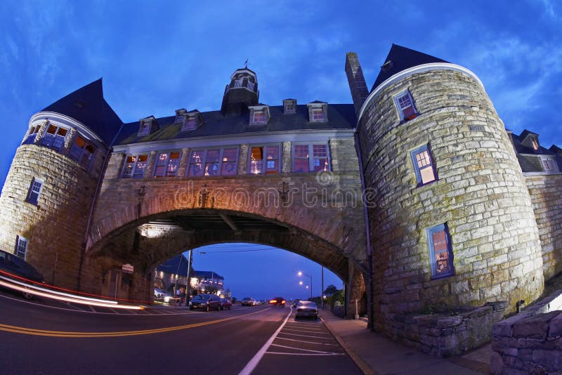 Castle over street at night, Narragansett Towers, RI