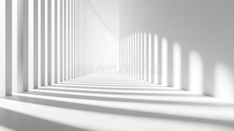 Shadows and light create depth in a minimalist white corridor. Generative AI royalty free illustration