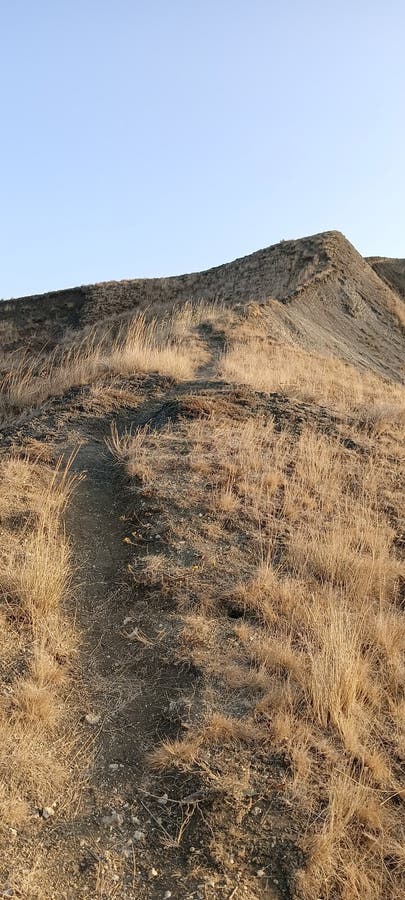 A narrow dirt trail leads up a dry, grassy hill, following the ridge of a rugged terrain. Vegetation consists of sparse, golden-hued grass patches. The path appears worn and rocky, indicating frequent use. The sky above is clear and expansive, suggesting a remote, natural environment. The pathway curves gently, with a slight elevation gain towards the peak in the background. The scene exudes a sense of quiet and isolation, typical of highland or mountainous landscapes. Sparse use stock images, royalty-free photos and pictures