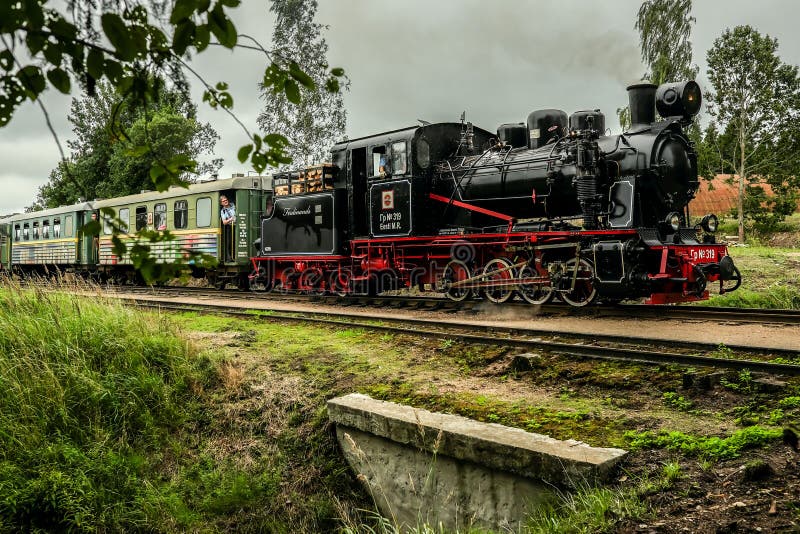 Narrow-gauge railway steam locomotive driving over a bridge with passangers