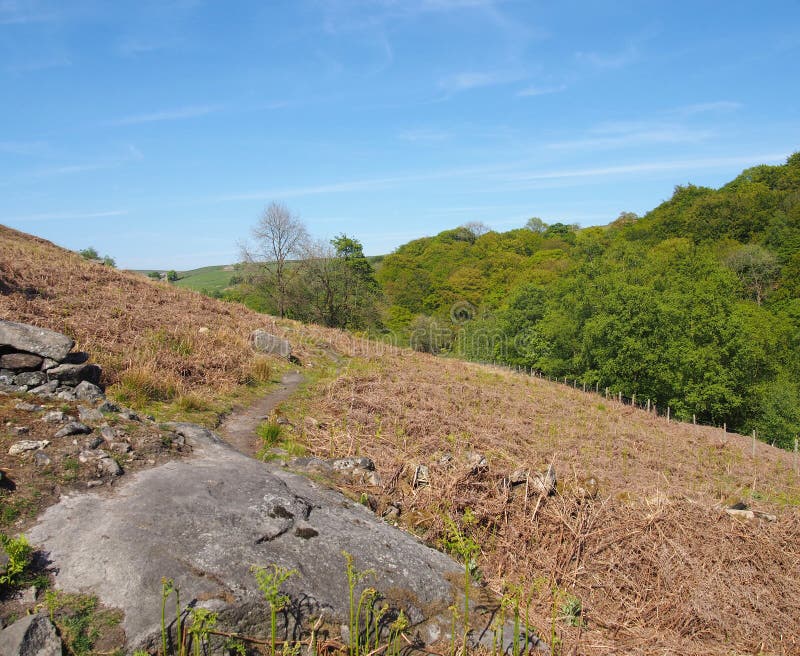 a narrow grass path on high rocky moorland above crimsworth dean valley and hardcaslte crags forest in west yorkshire royalty free stock photography a narrow grass path on high rocky moorland above crimsworth dean valley and hardcaslte crags forest in west yorkshire royalty free stock photography