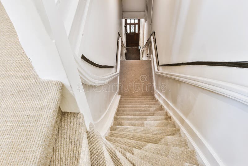 Narrow Staircase with Carpet and Handrails Stock Photo Image of passage, hall 220682230
