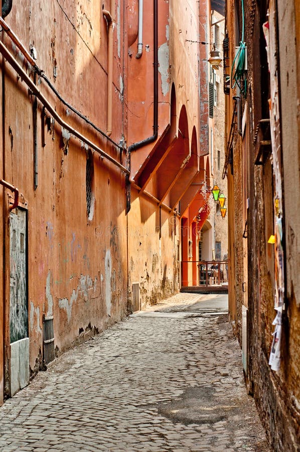 Narrow street in old town of Bologna. Italy.