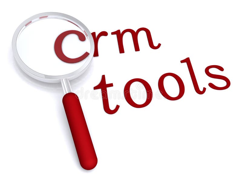 Crm tools with magnifiying glass on white background. Crm tools with magnifiying glass on white background