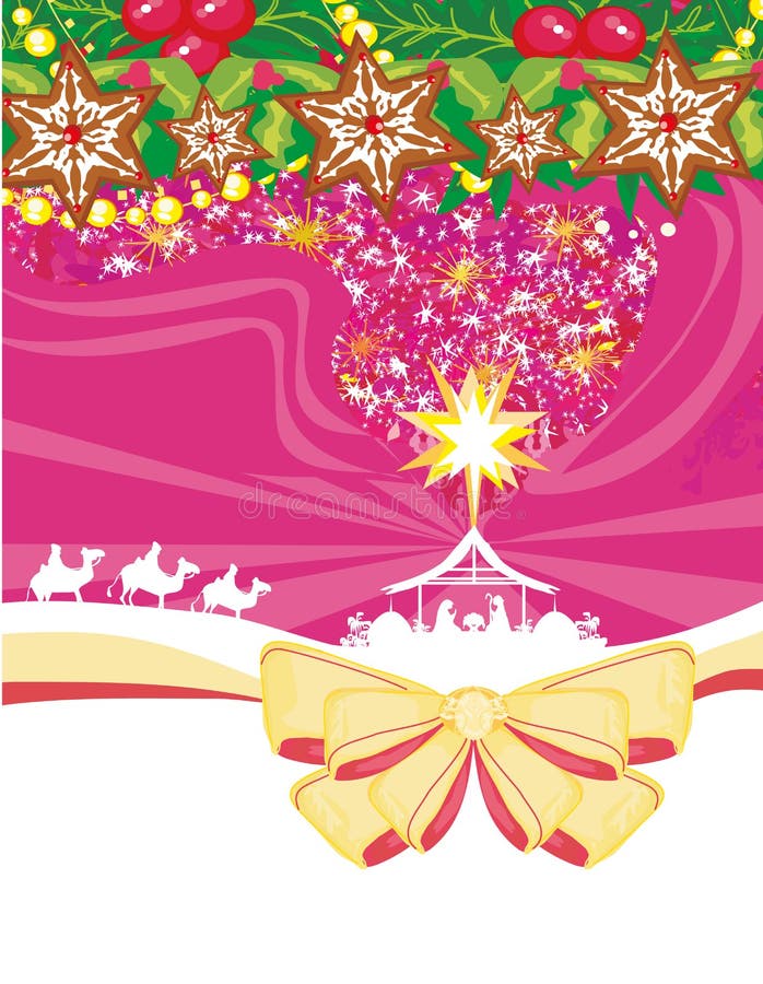 Nascimento de Jesus em Bethlehem - cartão de Natal decorativo ilustração stock Nascimento de Jesus em Bethlehem - cartão de Natal decorativo ilustração stock