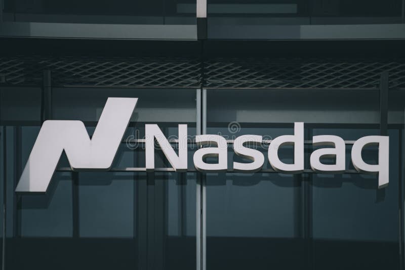 Nasdaq company logo sign on modern office in Vilnius, Lithuania, November 9, 2022. Nasdaq is leading provider of trading