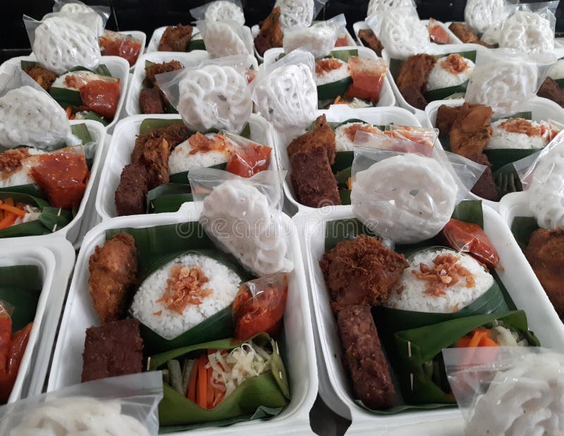 Nasi Box. Mixed Rice with Vegetable and Fried Chicken Stock Image