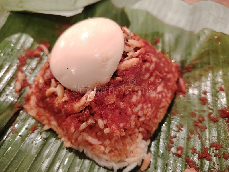 Nasi lemak - это ароматное блюдо из риса, приготовленное в кокосовом молоке и листе пандана. стоковое фото