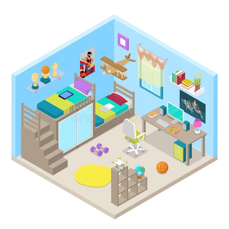 Teenager Room Interior Design with Furniture and Computer. Isometric vector flat 3d illustration. Teenager Room Interior Design with Furniture and Computer. Isometric vector flat 3d illustration