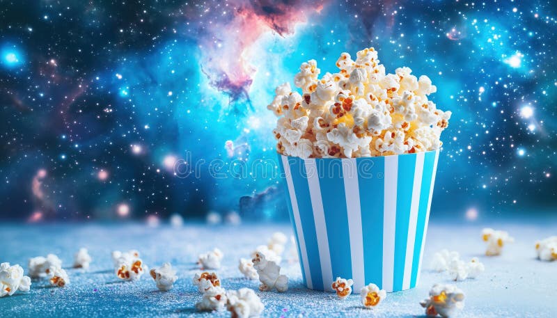 Nastro Blu E Bianco Di Popcorn Di Formaggio In Uno Snack Cinematografico fotografie stock libere da diritti