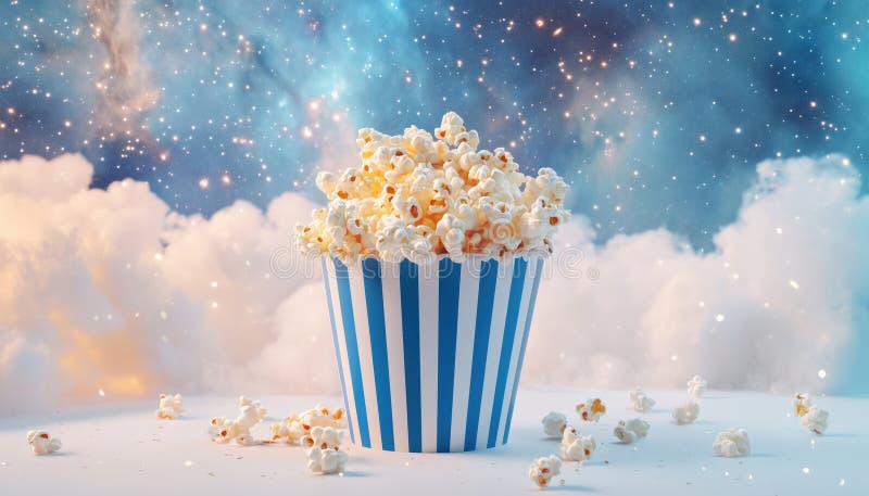 Nastro Blu E Bianco Stripato Di Popcorn Di Formaggio Visualizzato Su Superficie Bianca Con Galassia Di Nebula fotografie stock
