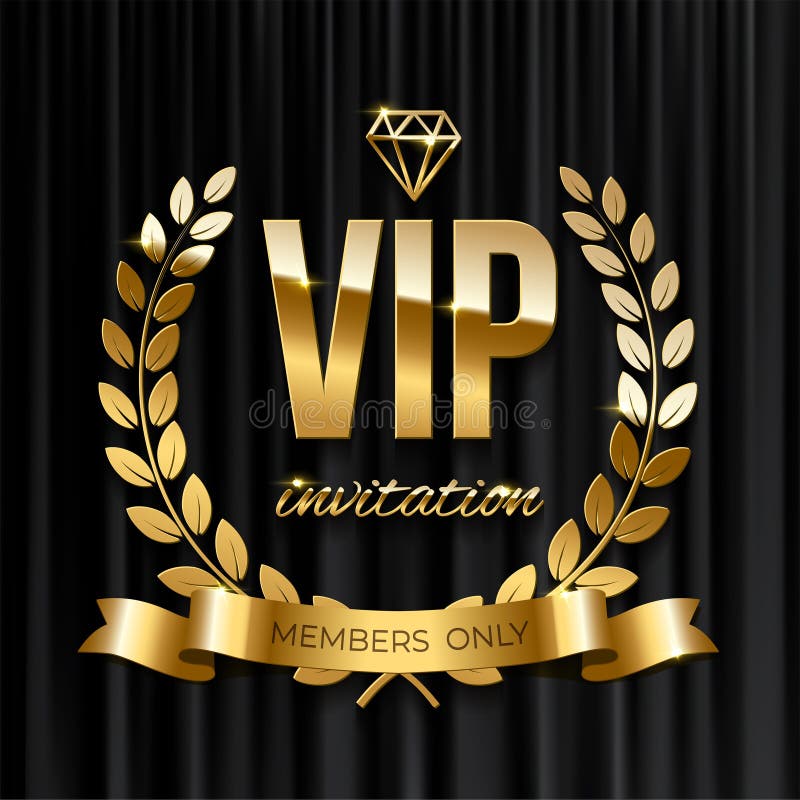Nastro dorato con il testo della corona dell'alloro e dell'invito di VIP sul fondo nero della tenda Progettazione dell'invito di illustrazione vettoriale Nastro dorato con il testo della corona dell'alloro e dell'invito di VIP sul fondo nero della tenda Progettazione dell'invito di illustrazione vettoriale