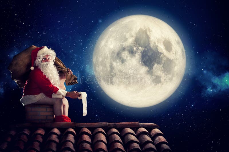 Nasty Santa Claus poop in a chimney under moonlight as bad children gift. Alternative Christmas holiday greetings post stock photos Nasty Santa Claus poop in a chimney under moonlight as bad children gift. Alternative Christmas holiday greetings post stock photos
