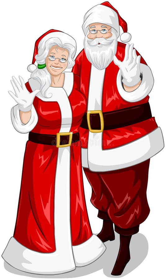 A illustration of Santa and Mrs Claus standing hugged and waving their hands for Christmas. A illustration of Santa and Mrs Claus standing hugged and waving their hands for Christmas.