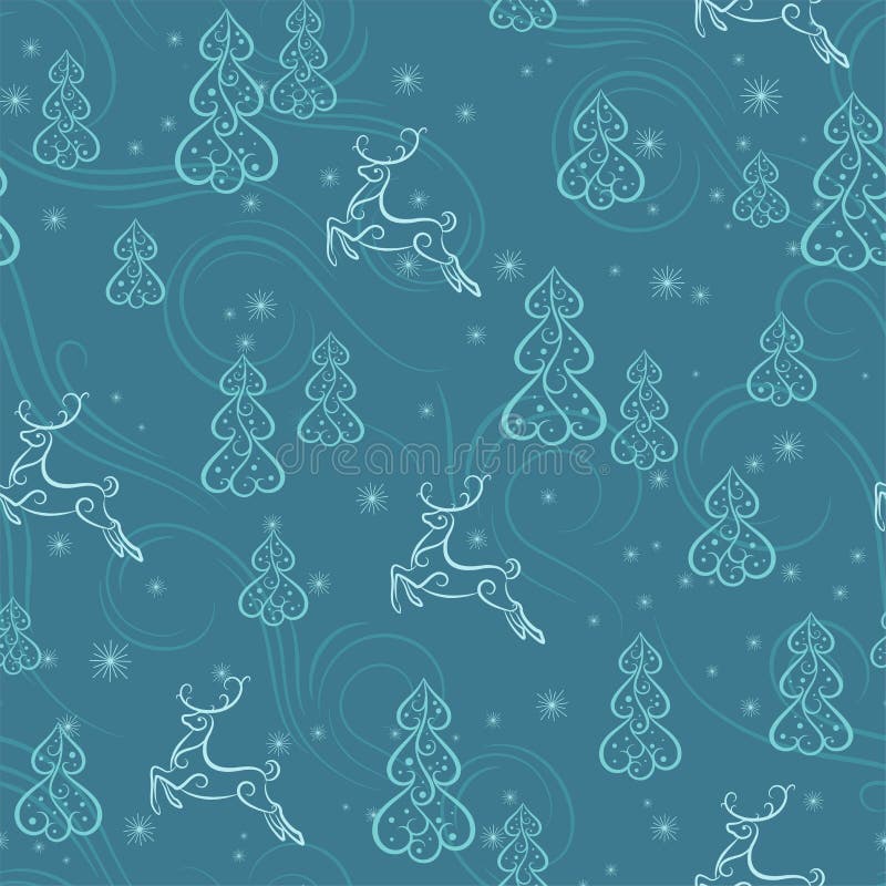 Natal e Ano Novo com árvores de Natal e renas Padrão azul sem costura ilustração do vetor Natal e Ano Novo com árvores de Natal e renas Padrão azul sem costura ilustração do vetor