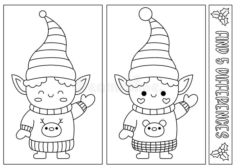 Jogo de encontrar diferenças de natal para crianças atividade de  habilidades de atenção com a linda árvore de veado elfo do papai noel quebra -cabeça de ano novo para crianças com personagens engraçados