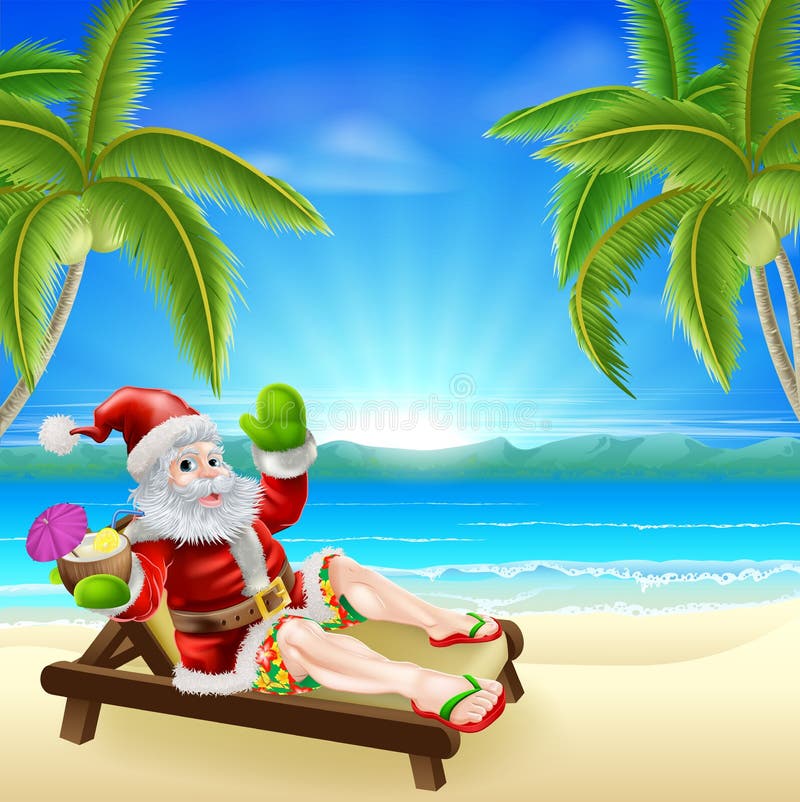 Natal Santa Beach Scene do verão ilustração do vetor Natal Santa Beach Scene do verão ilustração do vetor