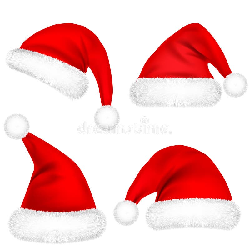 Christmas Santa Claus Hats With Fur Set. New Year Red Hat Isolated on White Background. Winter Cap. Vector illustration. Christmas Santa Claus Hats With Fur Set. New Year Red Hat Isolated on White Background. Winter Cap. Vector illustration