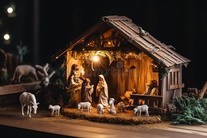 Concept of Christmas birth of jesus, nativity scene with barn and animals. Generative AI. Concept of Christmas birth of jesus, nativity scene with barn and animals. Generative AI