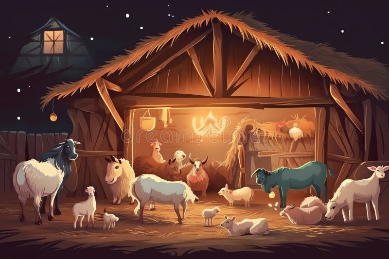 Concept of Christmas birth of jesus, nativity scene with barn and animals. Generative AI. Concept of Christmas birth of jesus, nativity scene with barn and animals. Generative AI