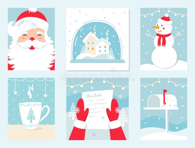 Natale e carte di vettore di vacanze invernali Santa Claus, globo della neve, pupazzo di neve, lettera a Santa e cassetta delle l