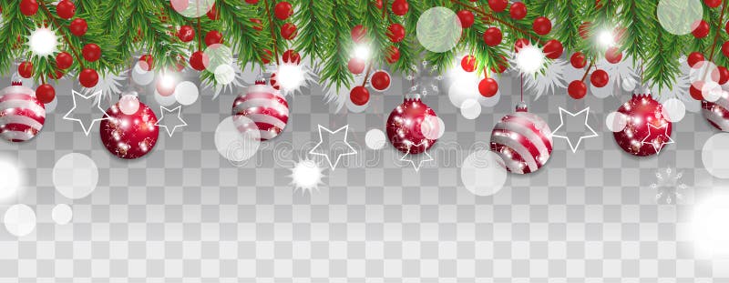 Natale e confine del buon anno dei rami dell'albero di Natale con le palle rosse e delle bacche dell'agrifoglio su fondo traspare illustrazione vettoriale Natale e confine del buon anno dei rami dell'albero di Natale con le palle rosse e delle bacche dell'agrifoglio su fondo traspare illustrazione vettoriale