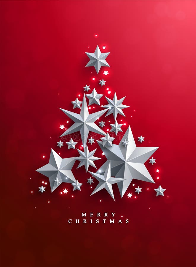 Christmas and New Years red background with Christmas Tree made of cutout paper stars. Christmas and New Years red background with Christmas Tree made of cutout paper stars.