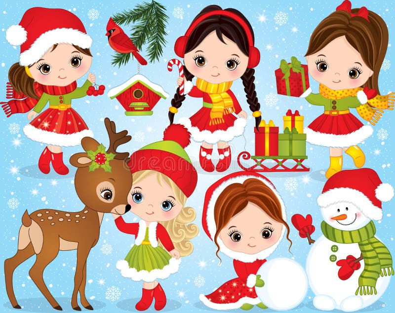 Natale e nuovo anno di vettore messi con le bambine sveglie e gli elementi festivi di inverno illustrazione di stock Natale e nuovo anno di vettore messi con le bambine sveglie e gli elementi festivi di inverno illustrazione di stock